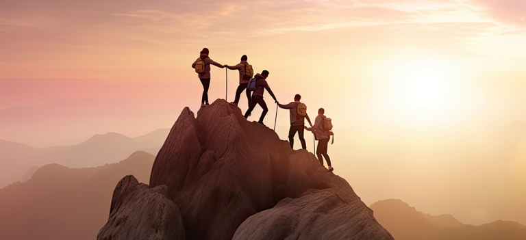 5 people hiking to top of a mountain