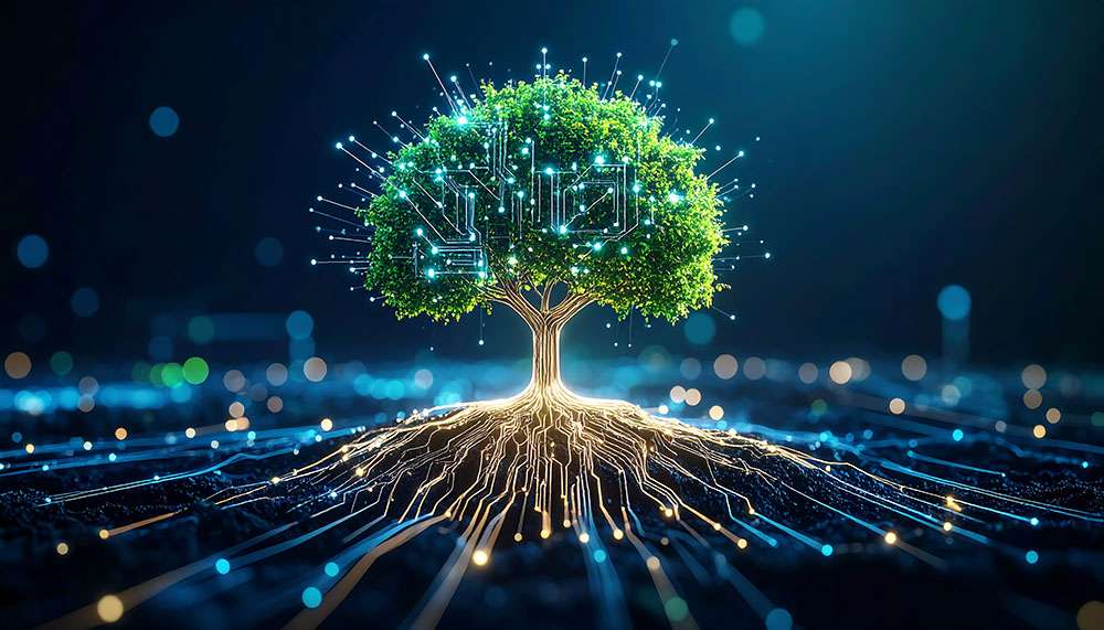 Agentic Ai tree image metaphor with roots and circuits